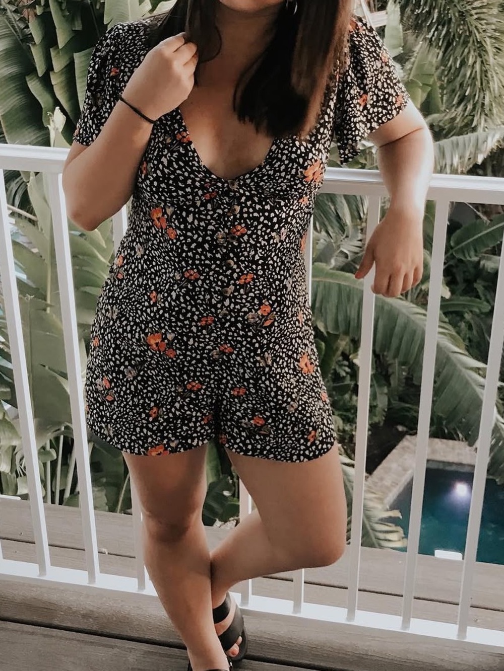 Forever 21 Black Floral Mini Romper with Orange Accents